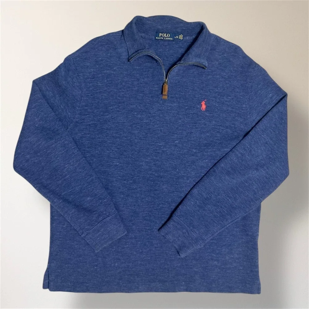 Polo Ralph Lauren Mens L Heather Blue Cotton Quarter Zip Pullover Sweater Preppy